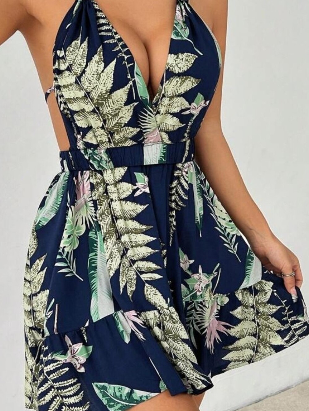 Blue Tropical Ruffle Hem Mini Dual Strap V‑Neck Backless Vacation Dress Size M